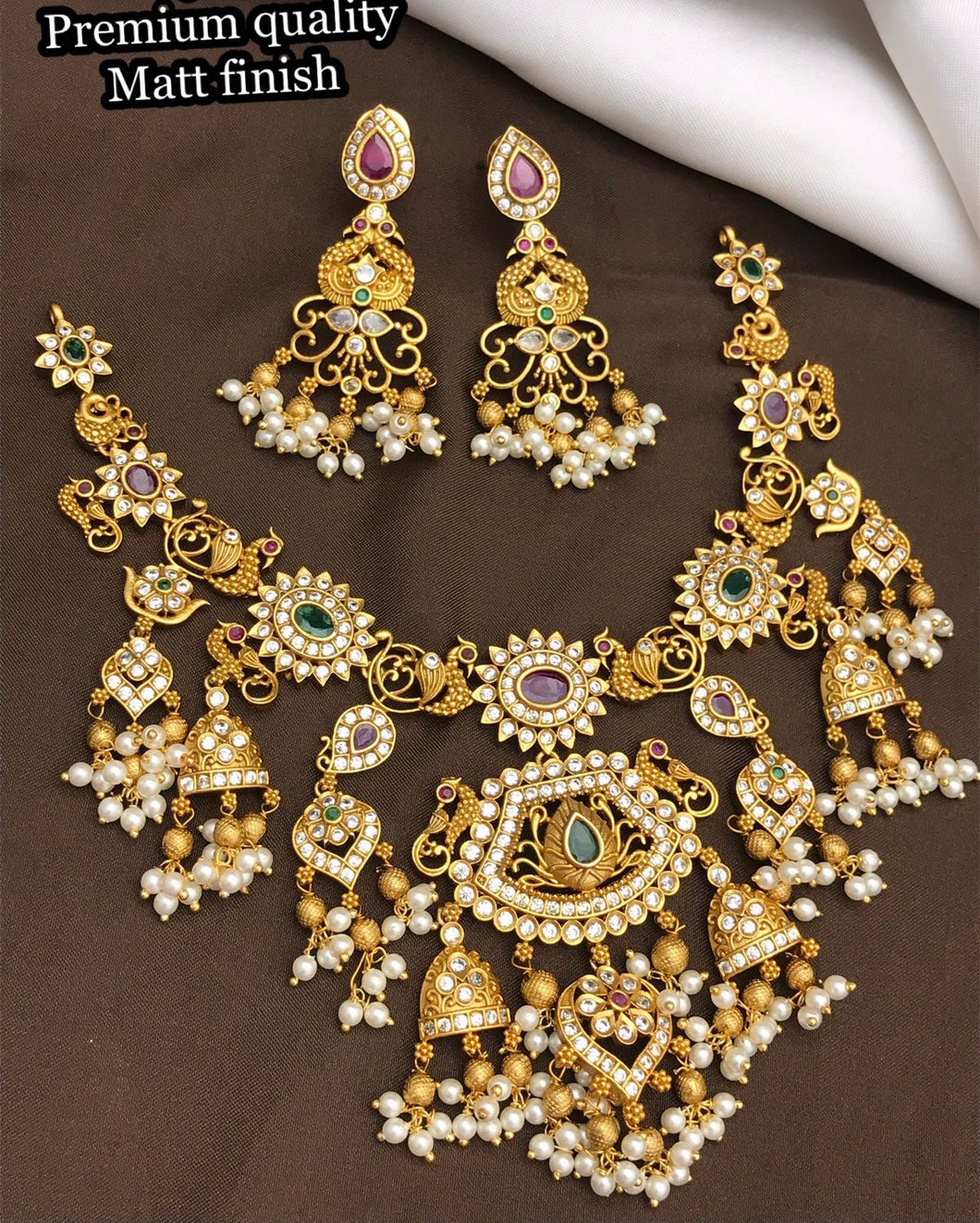 Peacock Multicolor Cz Droping Real Kemp Stone Necklace set