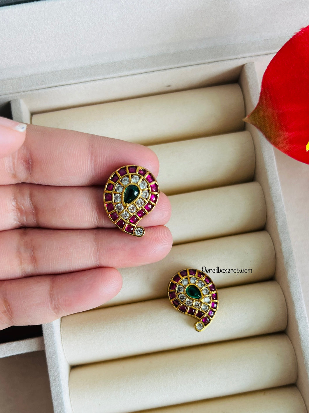 Multicolor mango shape Kemp stone Stud Temple earrings