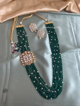 Load image into Gallery viewer, CAmerican Diamond Moissanite Green mala long Victorian Kundan Necklace set
