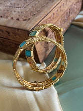 Load image into Gallery viewer, Set of 2 Bangles Multicolor Broad stone matte gold finish
