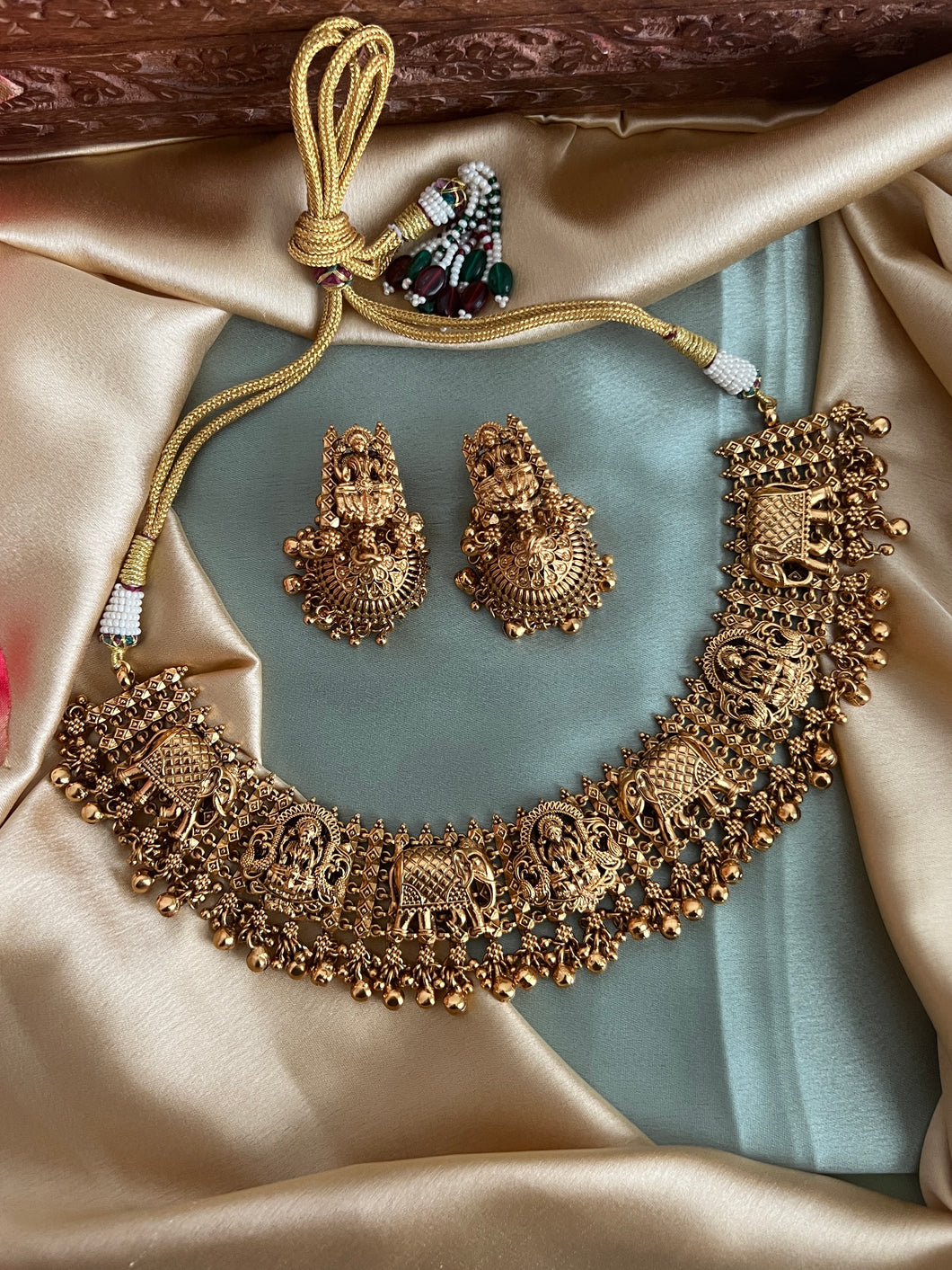 Lakshmi ji Elephant Carved Golden Temple Necklace set