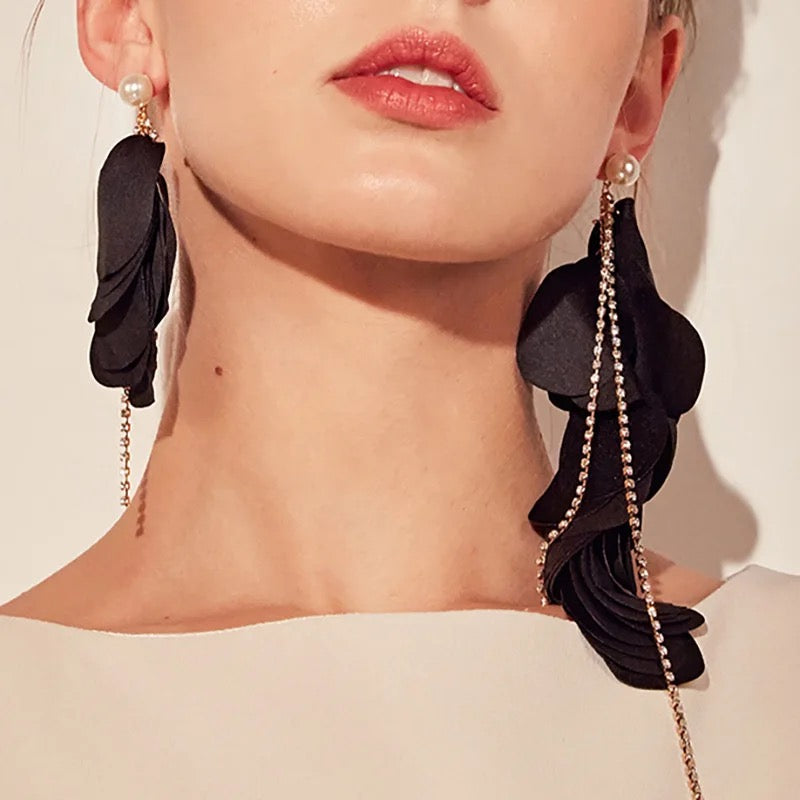 Long Short Black Rhinestone Tassel Crystal Earrings IDW
