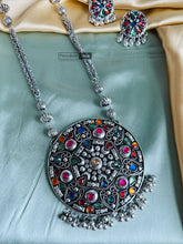 Load image into Gallery viewer, Big multicolor round Statement Big Pendant Oxidised Afghani Necklace set
