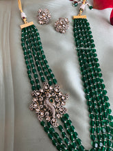Load image into Gallery viewer, American Diamond peacock Green mala long Victorian Kundan Necklace set
