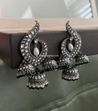 Load image into Gallery viewer, German Silver White Green Pearl  Jhumka Earrings
