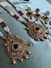 Load image into Gallery viewer, Multicolor Long kundan carved haram Necklace set templejewelry
