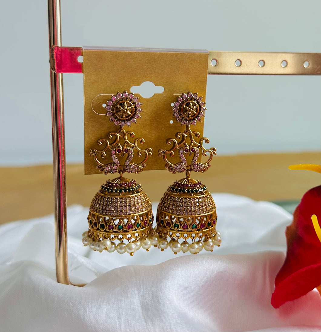 Multi Peacock Temple Gold Finish Stone Glass Stone jhumka cz earrings