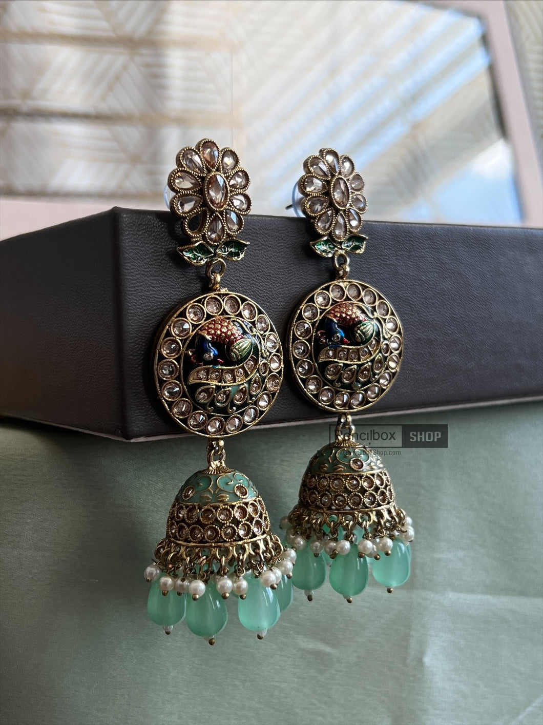 Kundan Peacock Polki Meenakari Pearl Jhumka Earrings