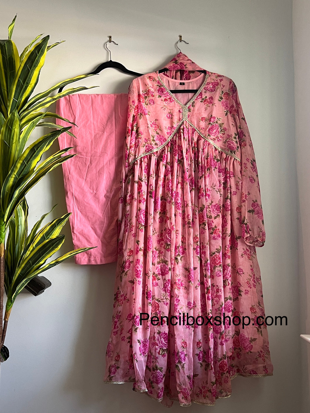 3 pc Soft Cotton Alia cut Pink floral flare Dress women Clothing