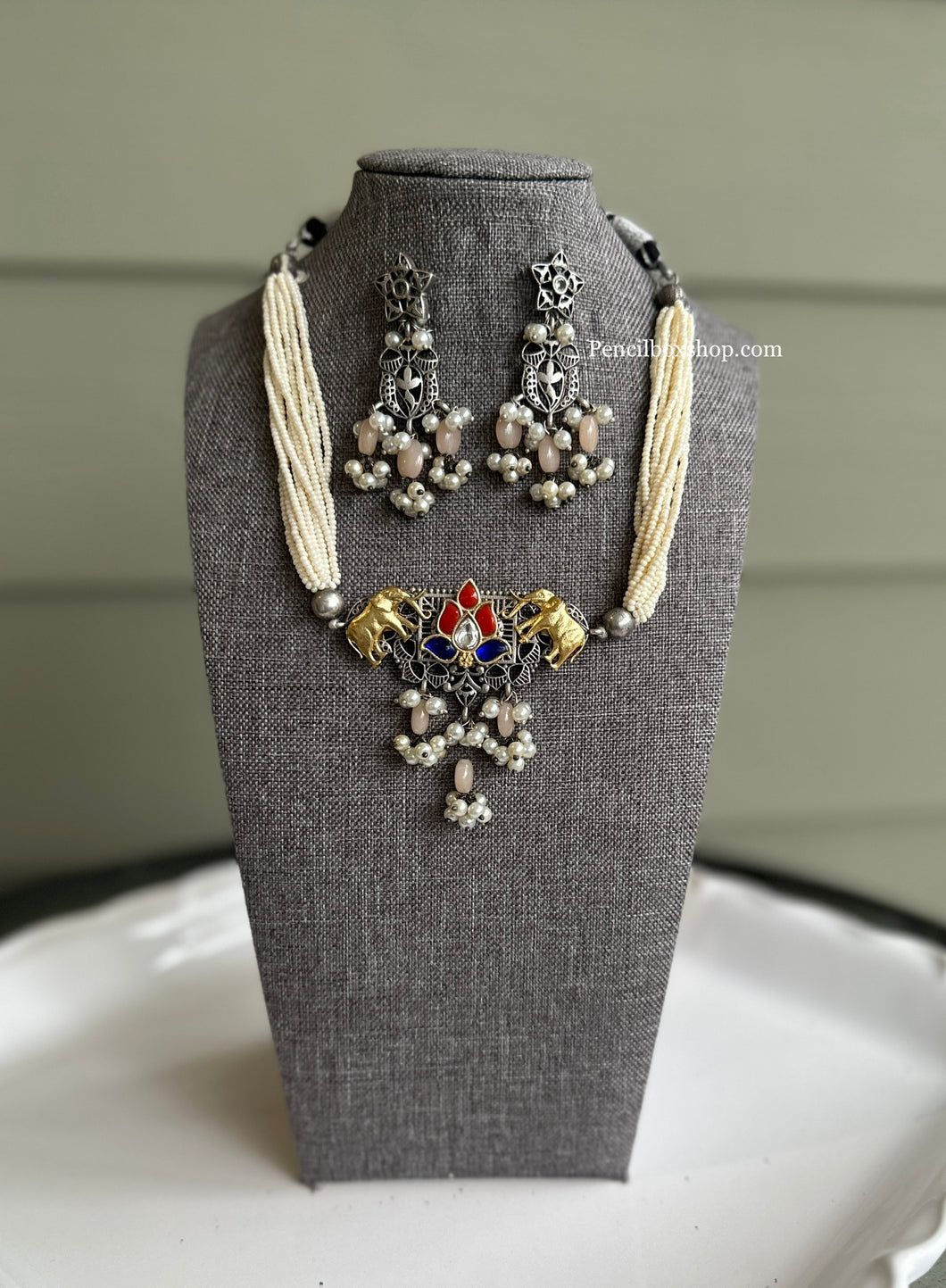German Silver Elephant Pachi Kundan choker necklace set