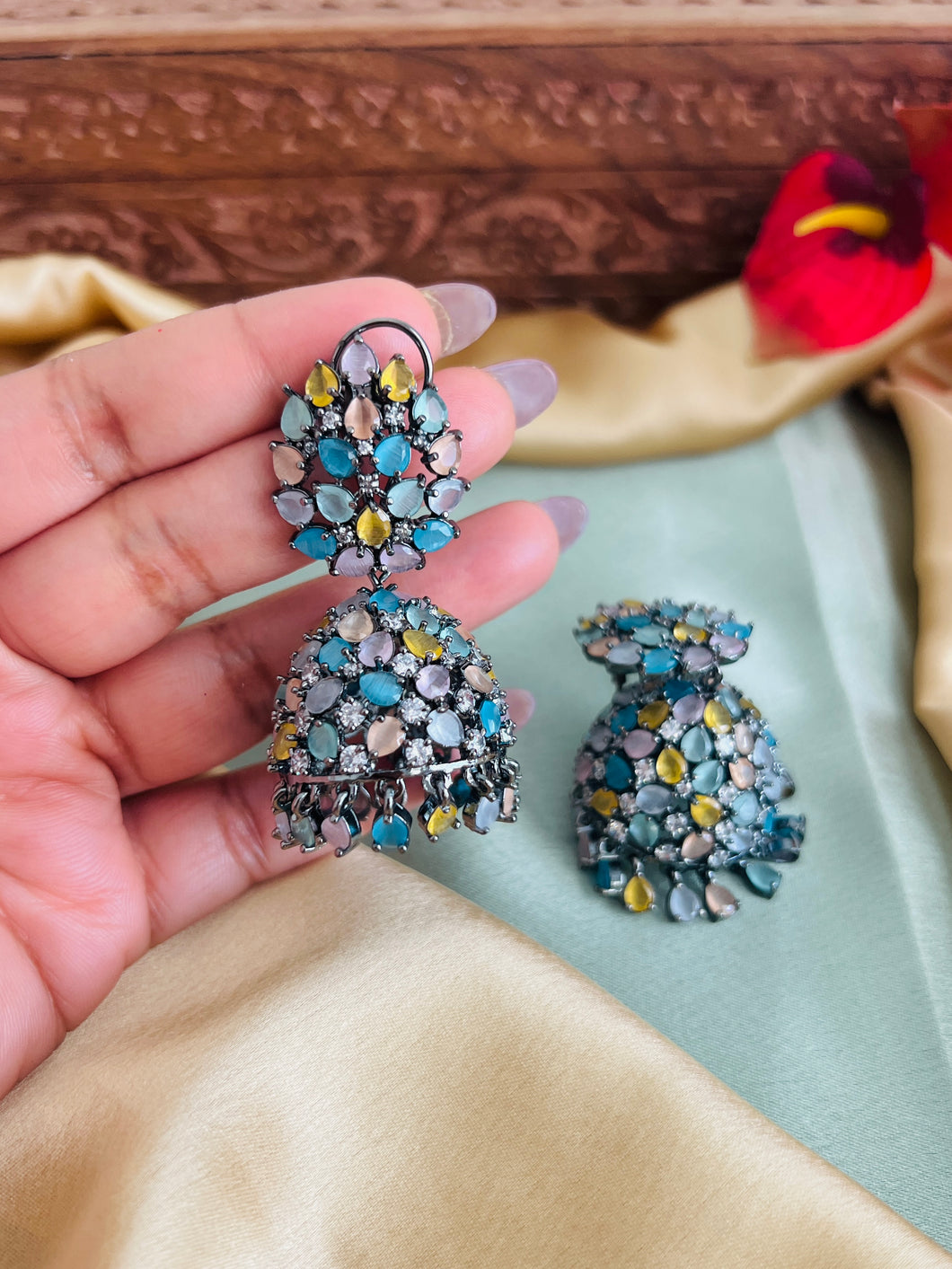 American Diamond Victorian Multicolor Jhumka Cz Earrings