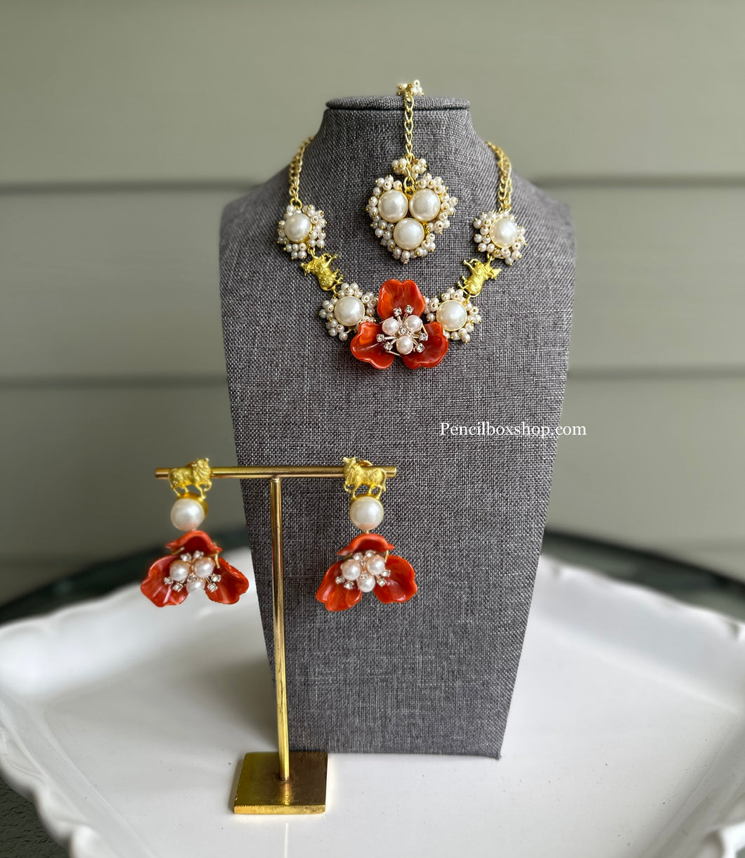 Nandi Contemporary Designer orange Flower Natural Stone Necklace set with maangtikka