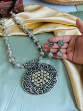 Load image into Gallery viewer, White kundan round with matar mala Statement Big Pendant Oxidised Afghani Necklace set
