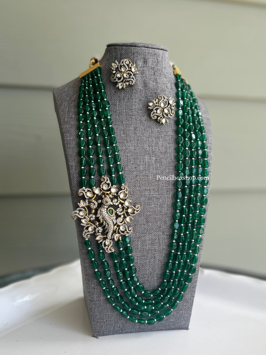 American Diamond peacock Green mala long Victorian Kundan Necklace set