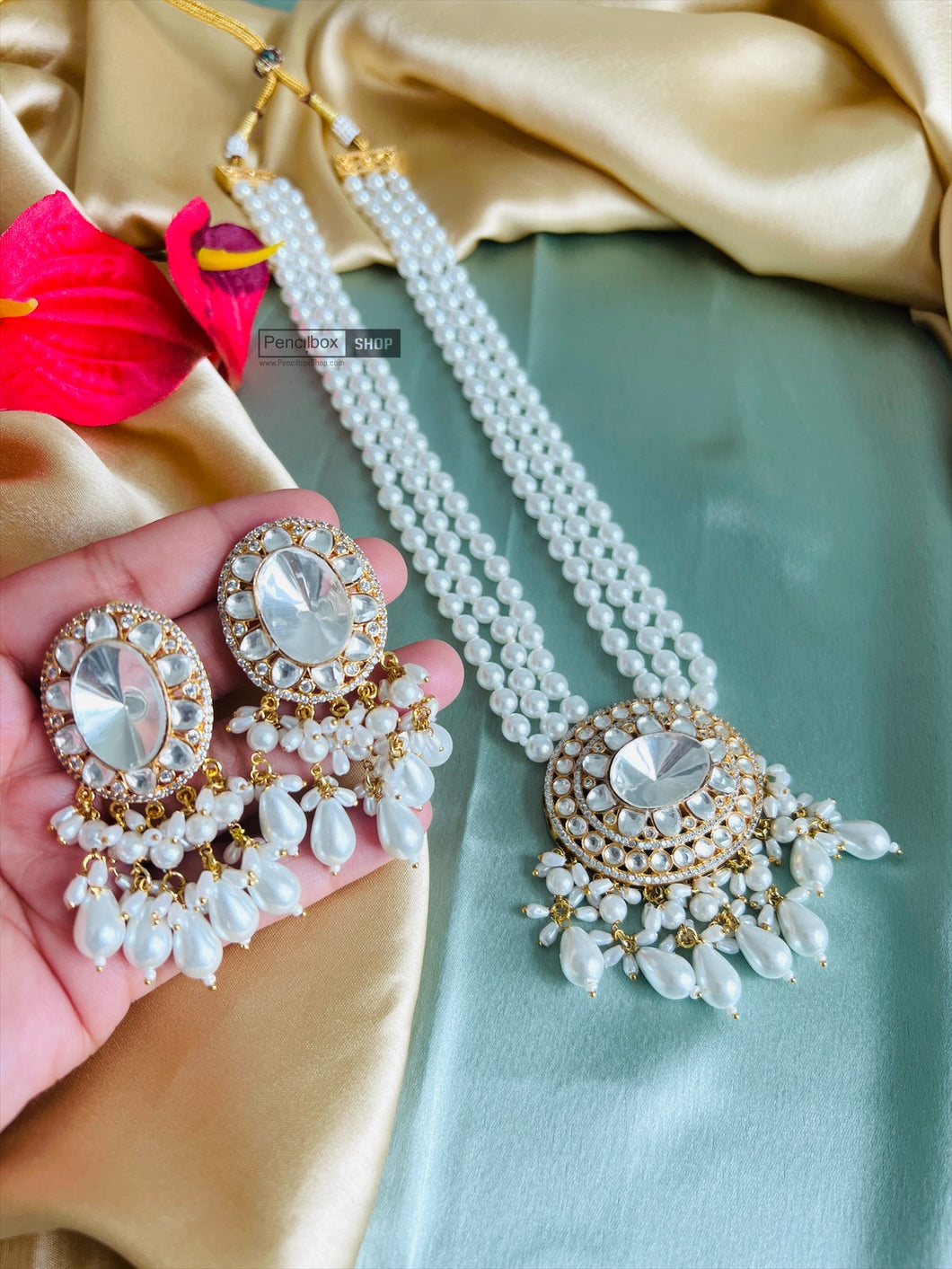 Gold plated moissanite Long Pearl Designer Necklace set