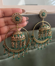 Load image into Gallery viewer, Polki Big Chandbali Golden Jhumka Earrings
