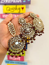 Load image into Gallery viewer, Pearl beads Chandbali  Mirror Jhumka Set with Maangtikka Set
