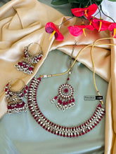 Load image into Gallery viewer, Mirror green Necklace set jhumkis  with maangtikka
