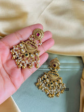 Load image into Gallery viewer, Multicolor Kemp stone Chandbali Temple earrings
