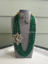 Load image into Gallery viewer, American Diamond peacock Green mala long Victorian Kundan Necklace set
