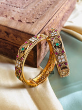 Load image into Gallery viewer, Set of 2 Bangles Multicolor Kemp stone Openable Kundan Stone gold finish

