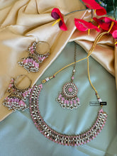 Load image into Gallery viewer, Mirror green Necklace set jhumkis  with maangtikka
