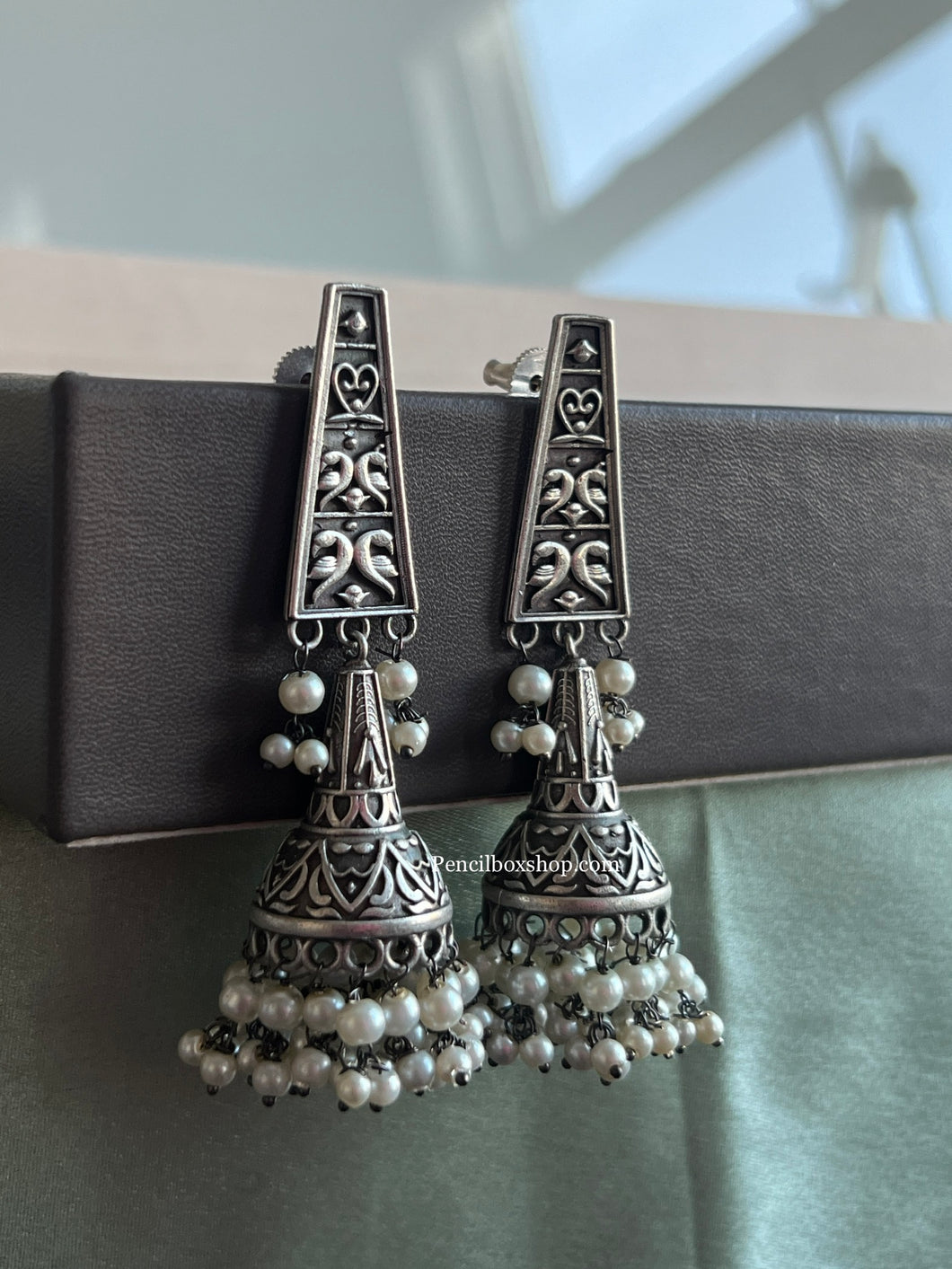 Silver Pearl hanging German Silver jhumka Earrings