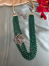 Load image into Gallery viewer, American Diamond peacock Green mala long Victorian Kundan Necklace set
