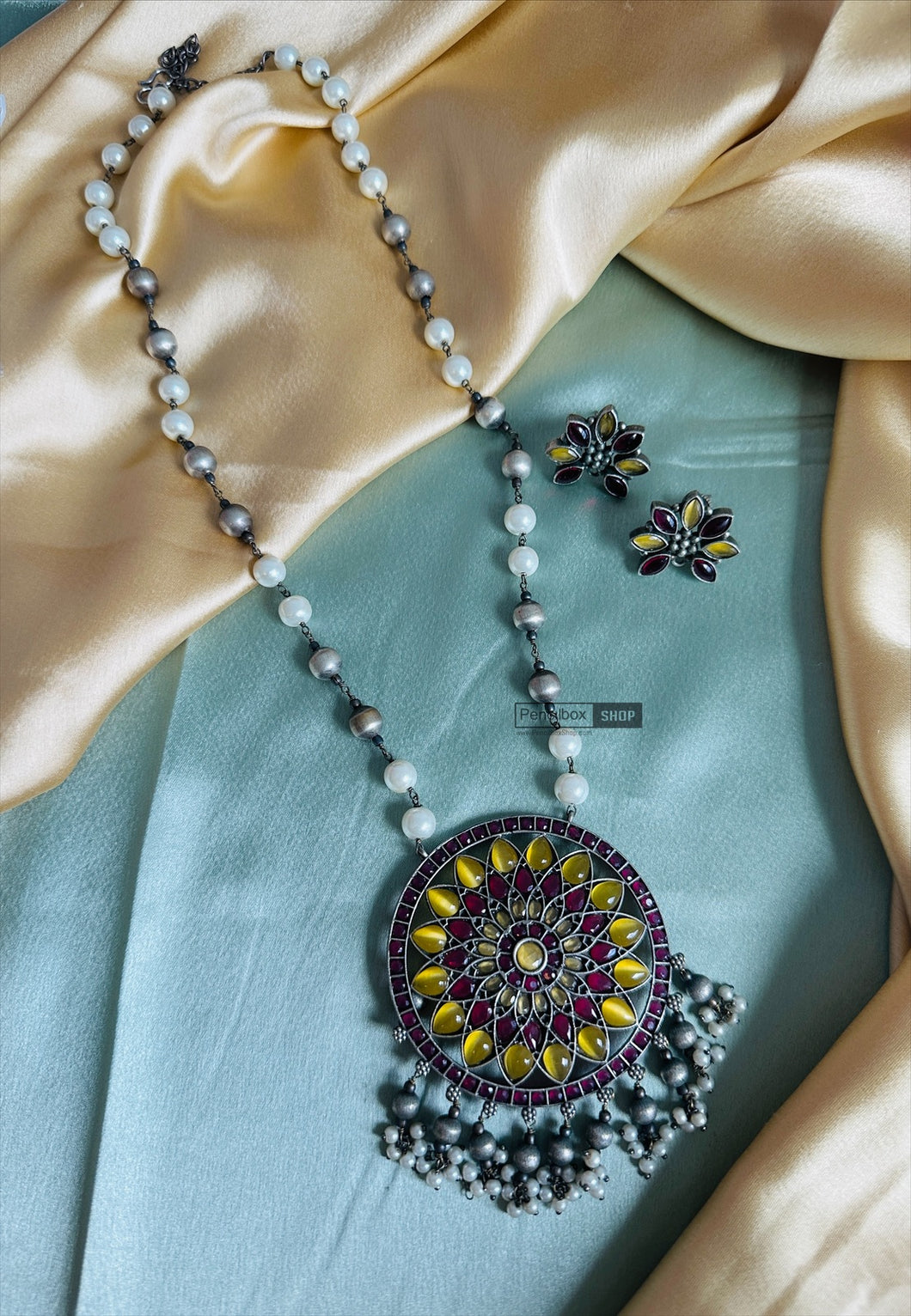 German silver Round Stone Pendant Set necklace set
