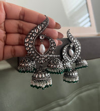 Load image into Gallery viewer, German Silver White Green Pearl  Jhumka Earrings

