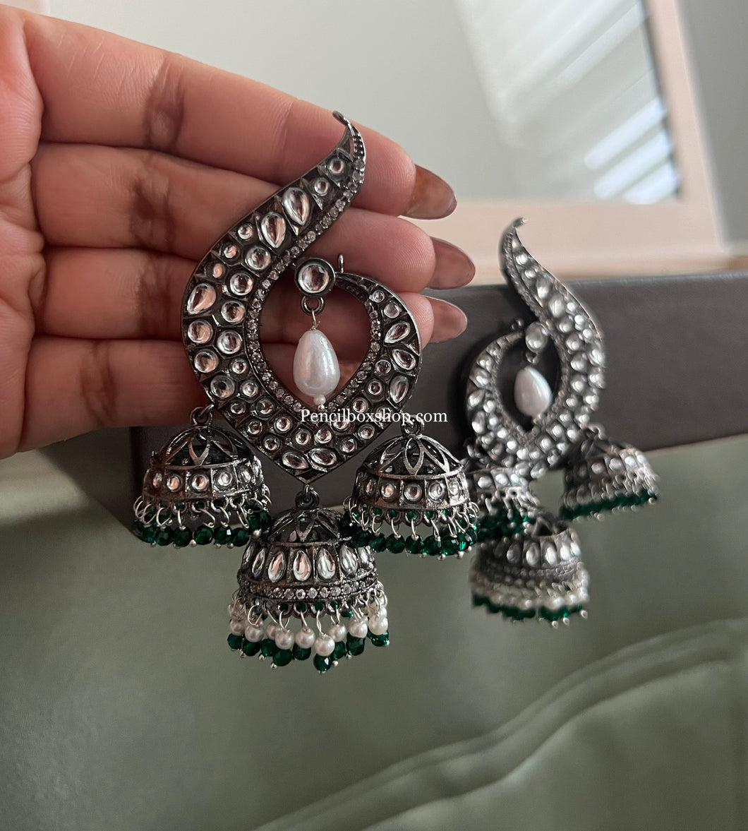 German Silver White Green Pearl  Jhumka Earrings