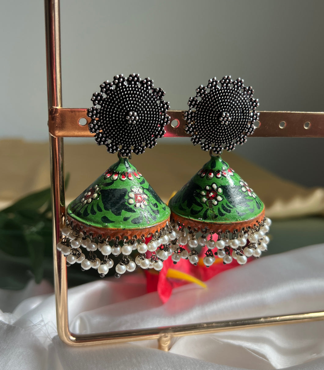 German silver Painted Pearl Jhumka Earrings
