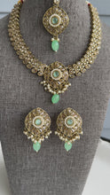 Load and play video in Gallery viewer, Chahat mint Kundan Polki Necklace Set with Maangtikka
