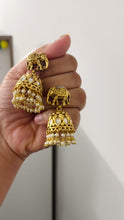 Load and play video in Gallery viewer, Elephant Golden Kundan Pearl drop Indian ethnic earrings
