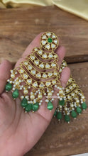 Load and play video in Gallery viewer, Tayani Green Golden statement Chandbali Long Jhumka Earrings
