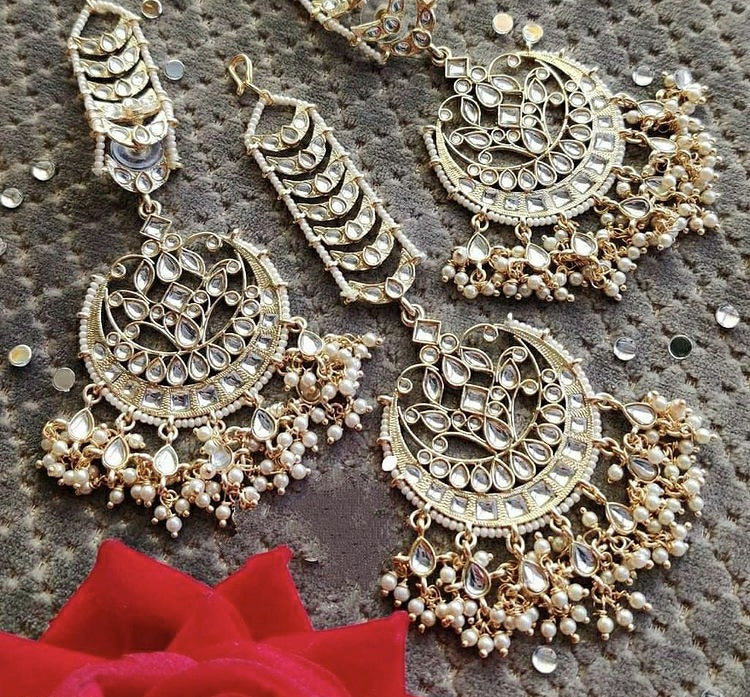 Kundan Pearl Earrings with Maang tikka set