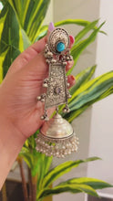 Load and play video in Gallery viewer, 92.5 silver Coated Three layered Glass Stone pearl Ghunghroo Jhumka Earrings
