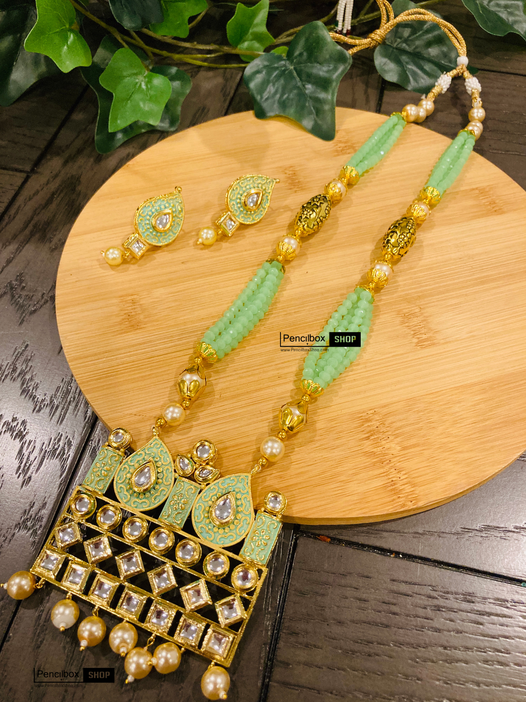 Green Golden Kundan Necklace meenakari set