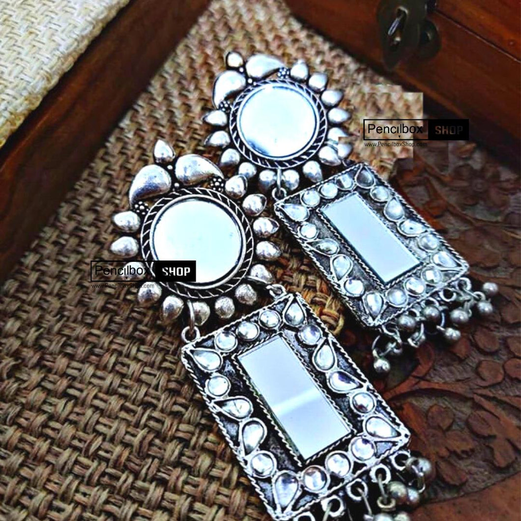 White Mirror Stone Oxidised Earrings for women