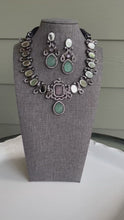 Load and play video in Gallery viewer, German silver Mirror peacock Carved Stone Statement Necklace set

