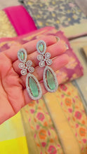 Load and play video in Gallery viewer, American Diamond Mint Flower Premium Long Dangling Earrings
