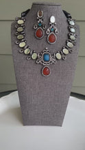 Load and play video in Gallery viewer, German silver Mirror peacock Carved Stone Statement Necklace set
