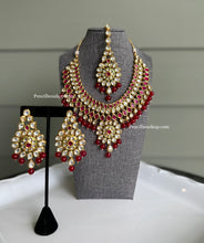 Load image into Gallery viewer, Aarni Kundan Ruby Heavy Statement Designer Bridal Piece Necklace set with maangtikka
