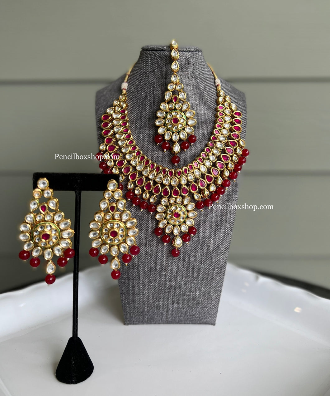 Aarni Kundan Ruby Heavy Statement Designer Bridal Piece Necklace set with maangtikka