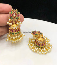 Load image into Gallery viewer, Kemp Stone Premium Quality guttapusalu pearl Temple jhumka  earrings
