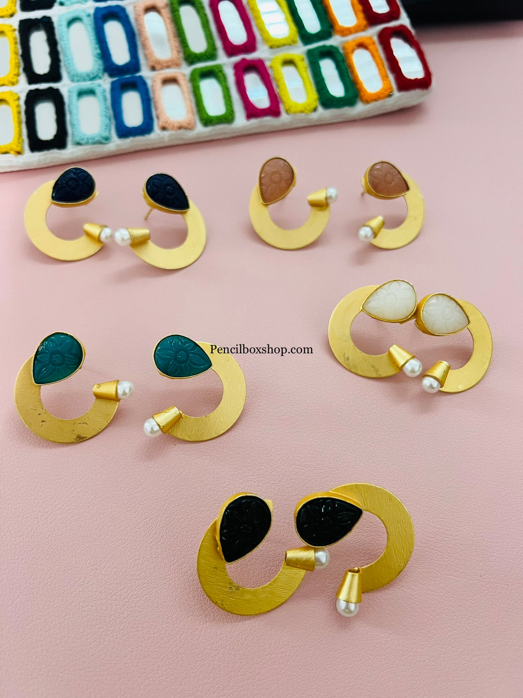 Natural stone Semi circle brass made Stud earrings
