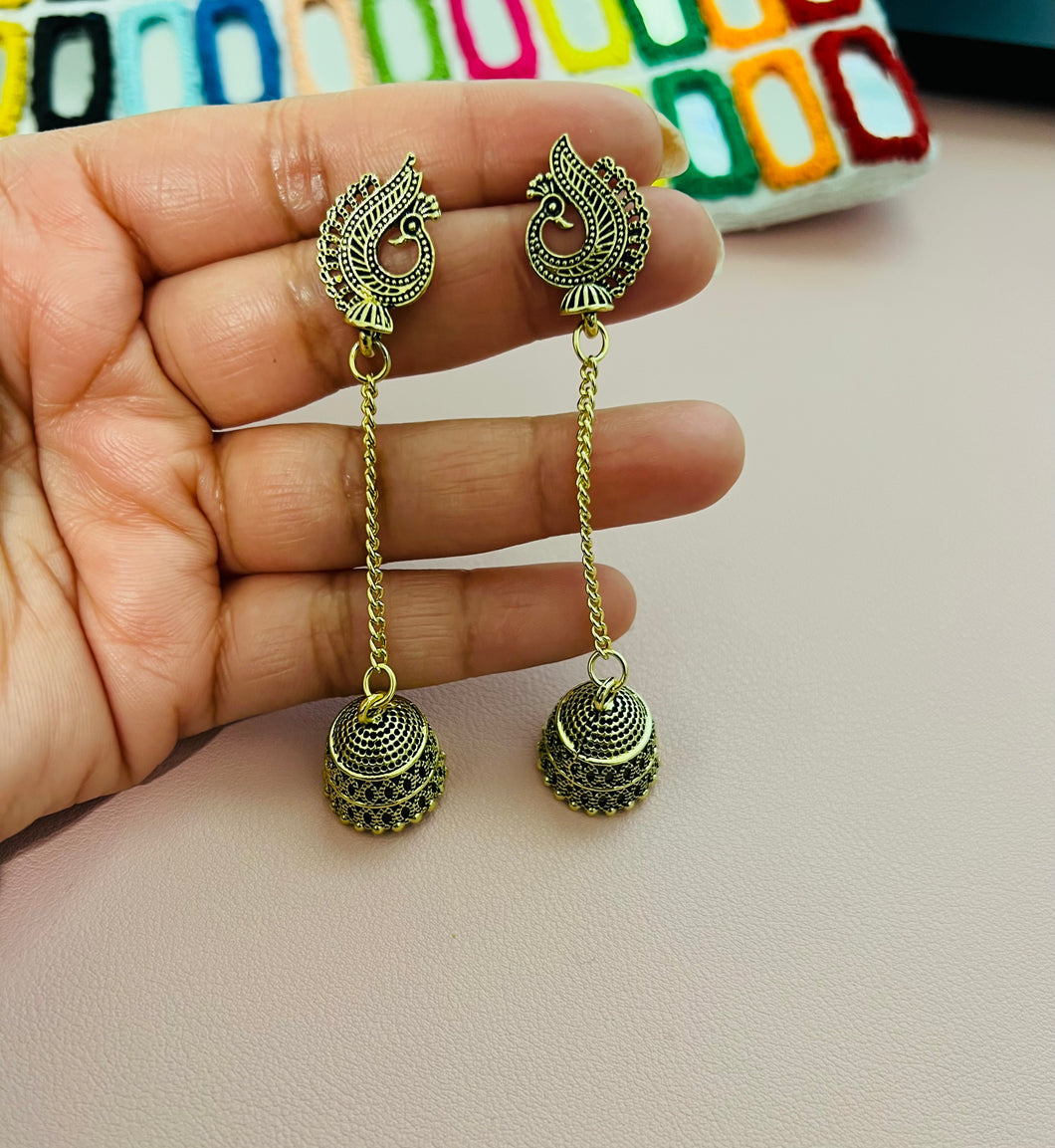 Golden Peacock Tassel Long jhumka Small Daily wear Oxidised Earrings