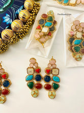 Load image into Gallery viewer, Brass Carved Stones Multicolor Hanging Earrings
