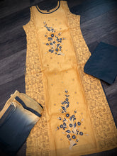 Load image into Gallery viewer, 3 pieces Mustard Golden Grey Embroidery Half n half print Chanderi  Straight suit 40 size

