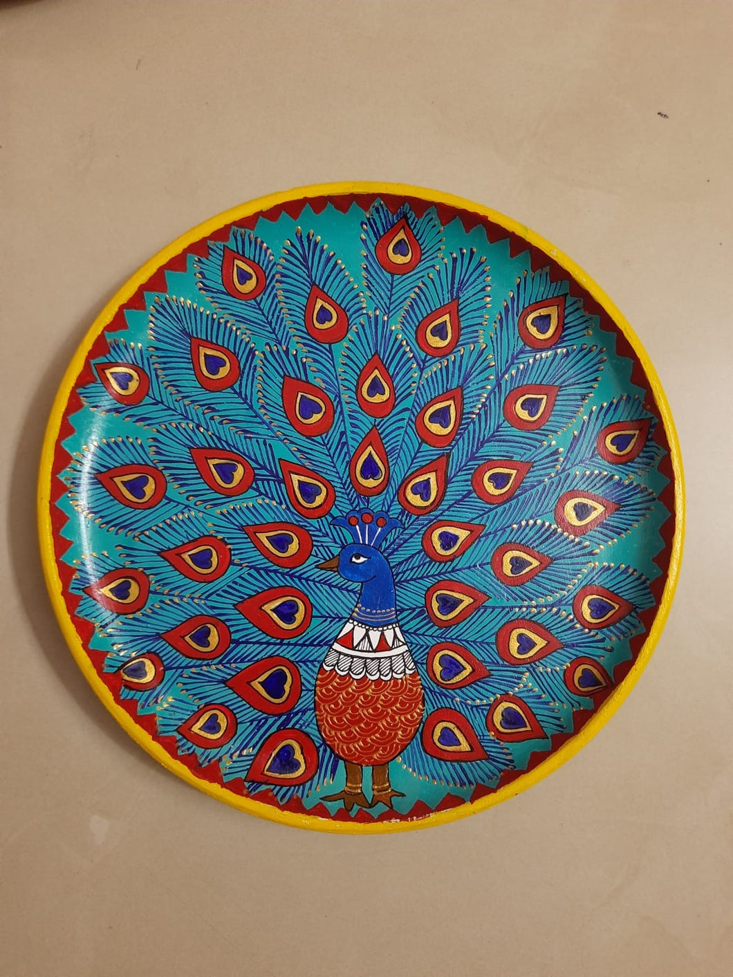 Hand painted handmade multicolor Peacock wall plate home decor
